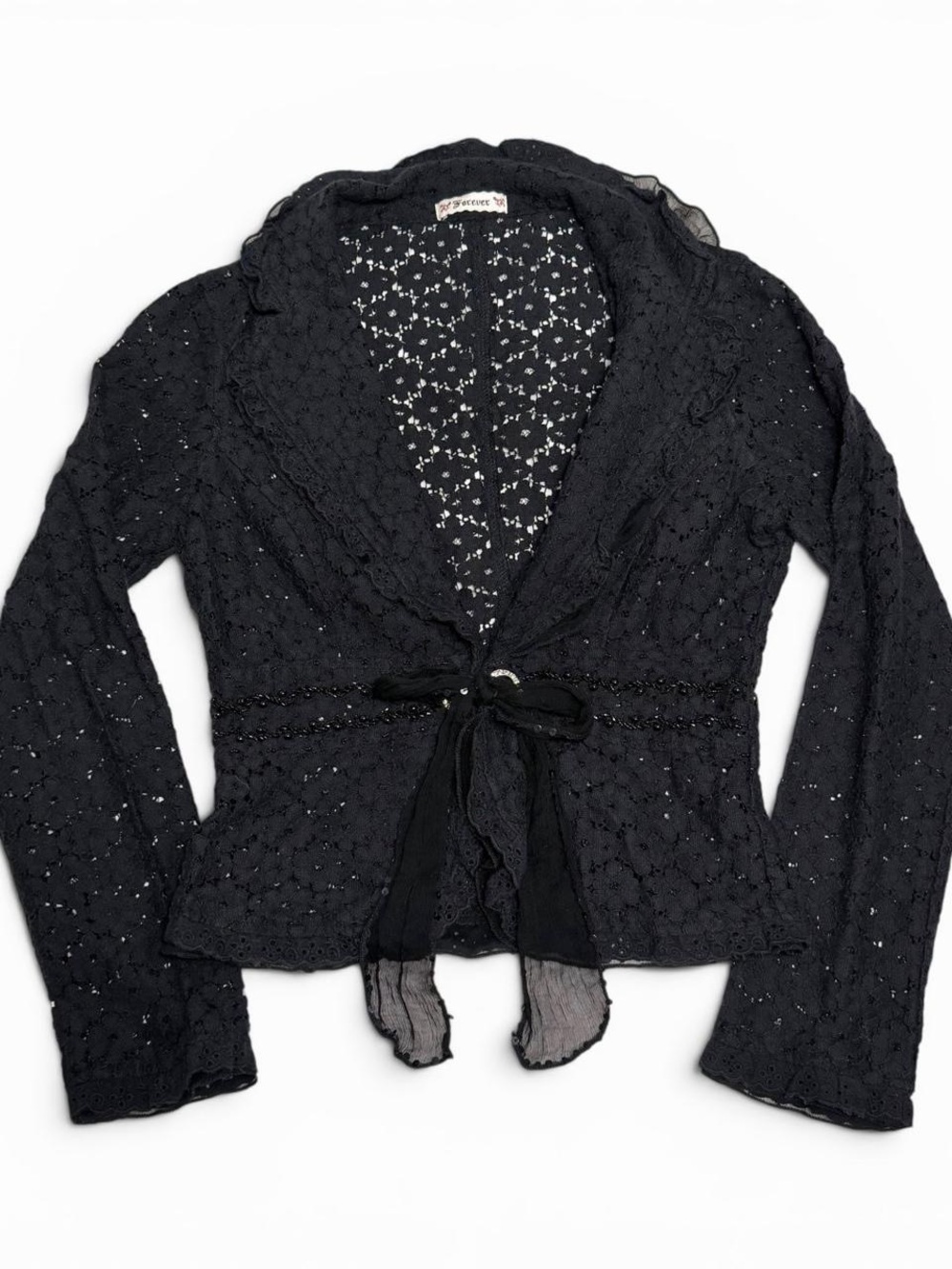 Vintage Forever21 Black Floral Lace Tied Cardigan Jacket w/ Mesh Trim
